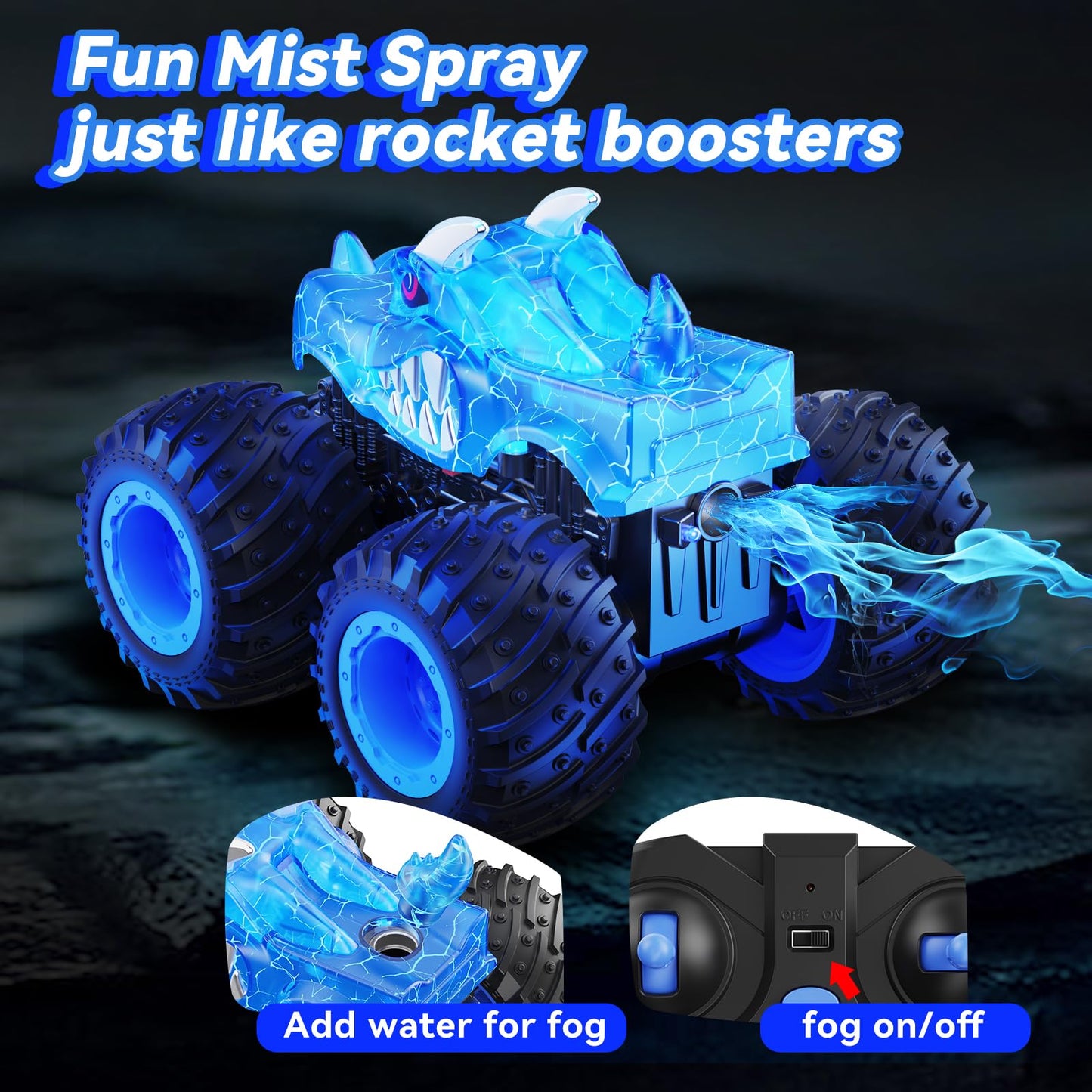 AUUGUU Remote Control Car, 2.4GHz Monster Trucks Toys with Light Spray, Birthday Gift for Kids 3 4 5 6 7 8, All Terrain RC Cars, Toddler Toys for Boys Girls 3+ Year Old