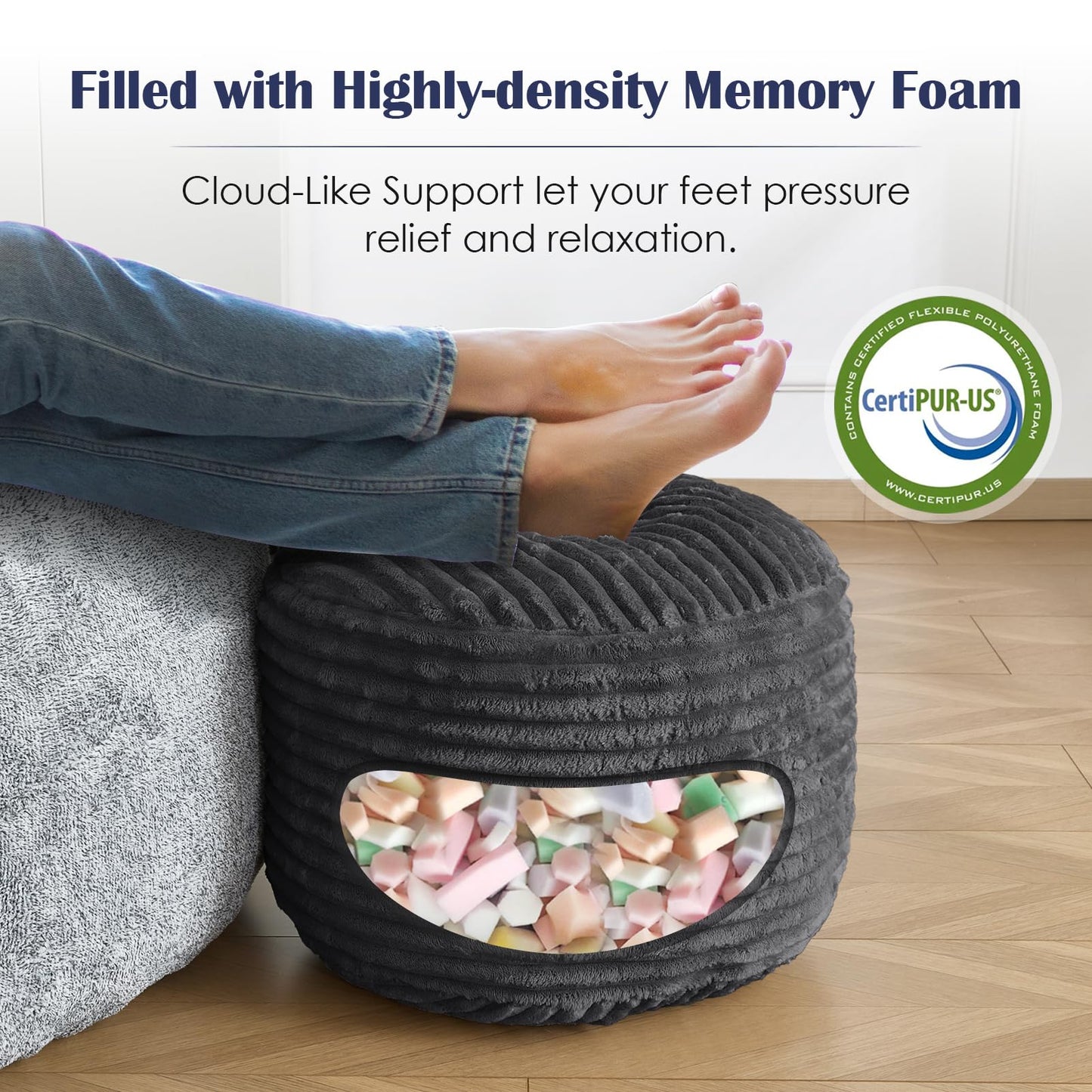 SHOUREN Stuffed Round Pouf Ottoman,Corduroy Foot Rest with Shredded Foam Filling, Lightweight and Fluffy Pouf Storage Ottoman for Living Room,Floor Poufs for Couch,20"x15", Dark Grey