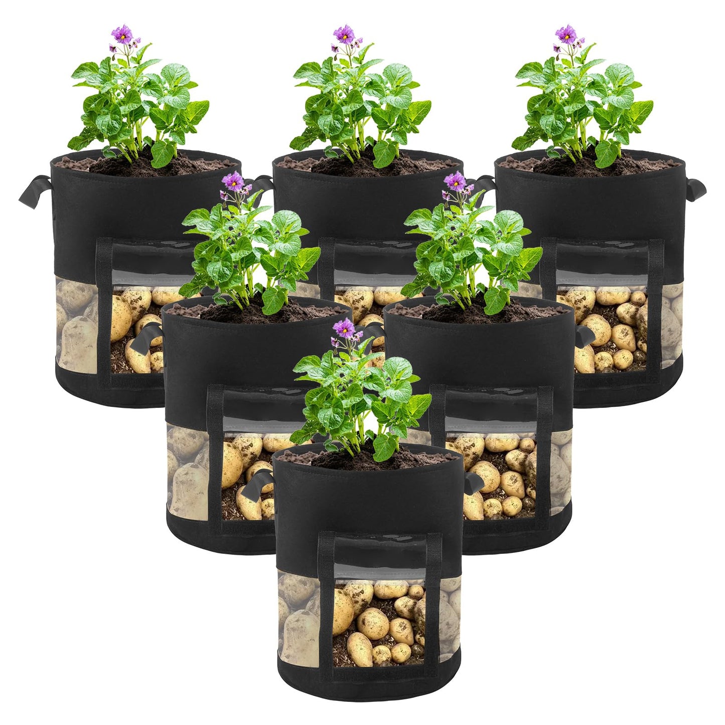 6 Pack 15 Gallon Visible Potato Grow Bags, Thickened Nonwoven Fabric Pots Potato Growing Containers with Handles & Visible Flap, Plant Grow Bags for Growing Potatoes, Tomatoes, Flowers, and Vegetables
