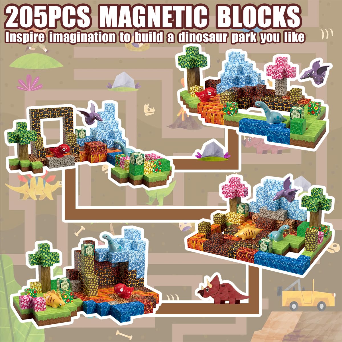 Daoyehsy 205Pcs Magnetic Blocks Dinosaur Toys Build 3D World, 1" Magnetic Building Blocks Magnet Cubes Tiles for Toddler Boys Girls 3+, STEM Sensory Building Toys Games