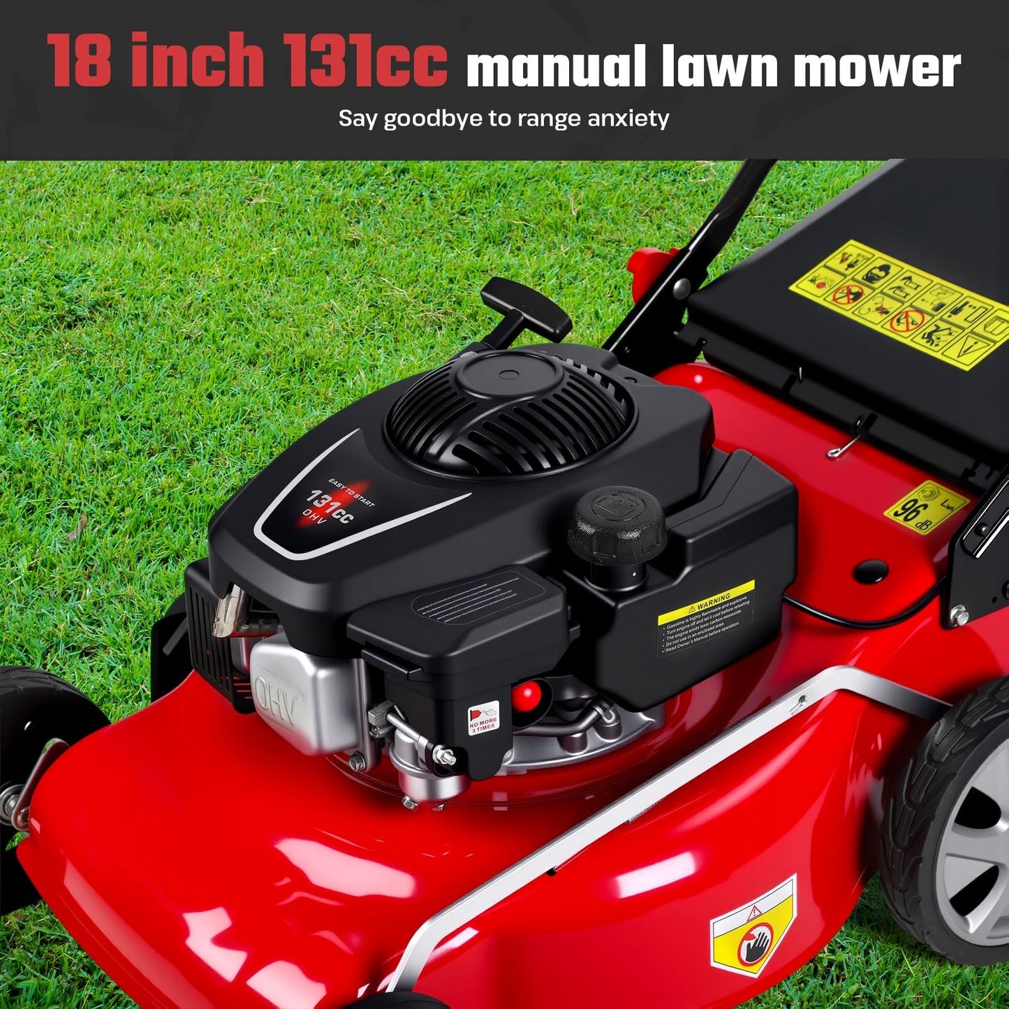 131cc Gas Lawn Mower, Self-Propelled Rear-Wheel Drive, 18 Inch Cutting Width, 50L Grass Bag, 3-in-1 Mulching/Side Discharge/Rear-Bagging, Lightweight Push-Button Start Mower for Thick Slopes Red