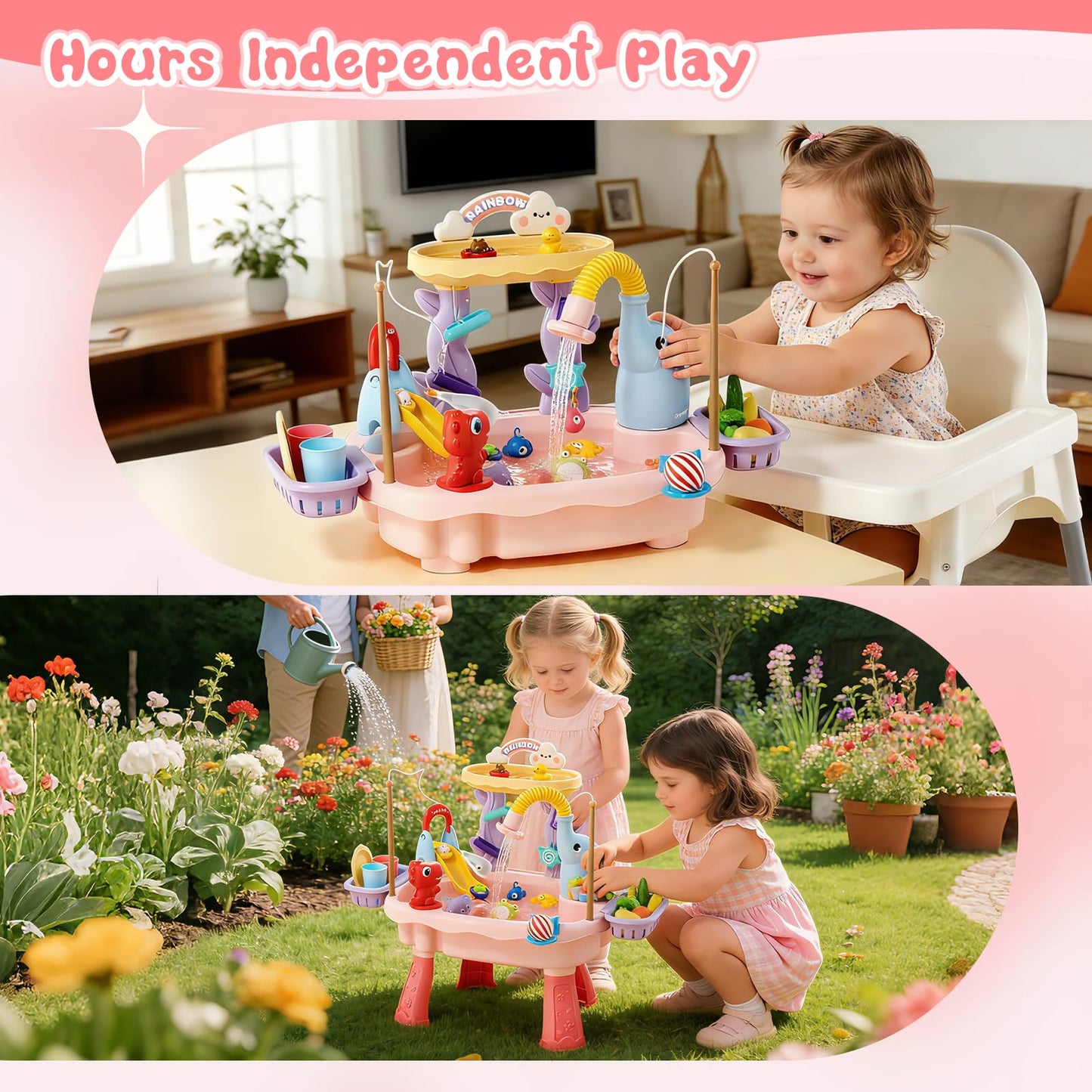 NOPROB 2027 Upgraded Toddlers 1-3 Water Table with Electric Pump, Kids Water Table with Faucet Play Food Accessories Fishing Toy, Kitchen Play Sink Toys for Girl Boy Age 4-8 (Pink)