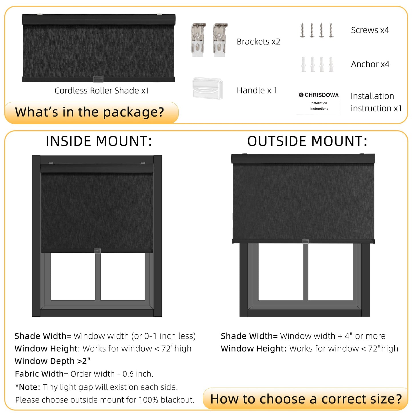 ChrisDowa Cordless Blackout Roller Shades for Windows, Striped Free-Stop Window Blinds with Privacy, Thermal Insulated Window Shades for Home, Office and Door. Black, 20" W x 72" H