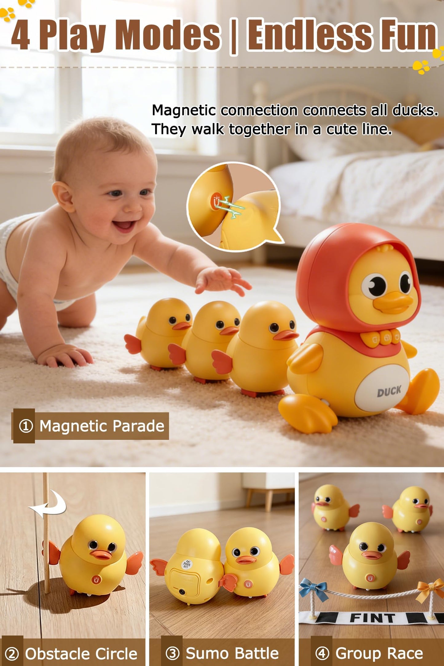 JUYEE Baby Crawling Toys Set of 4 - Magnetic Ducks Family for Infants 6-9-12 Months, Tummy Time Toys with Music & Lights, 1st Birthday Gift for Boys and Girls(4-Pack)