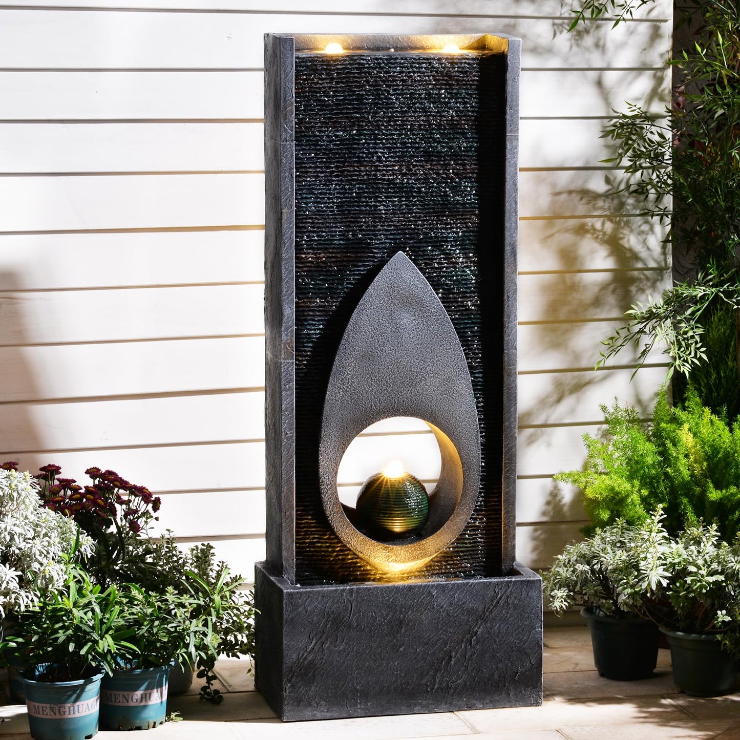 Pivotify 46.5’’Tall Modern Water Fountain Indoor Outdoor Waterfall Feature Floor Standing with Sphere and LED Lights for Garden, Yard, Patio, Deck, Porch, Livingroom Decor