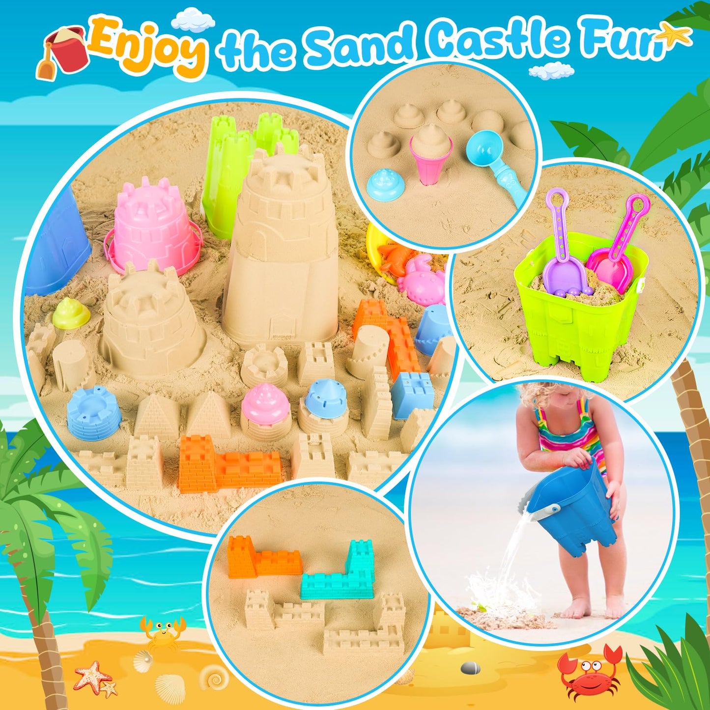 REZUCREY Beach Toys for Kids Toddlers, Sand Castle Toys with 4 Sand Bucket and Shovels, Mesh Bag & Molds, Ice Cream Travel Sandbox for Beach Sandbox for Toddlers Kids Baby Boys Girls Age 3-10