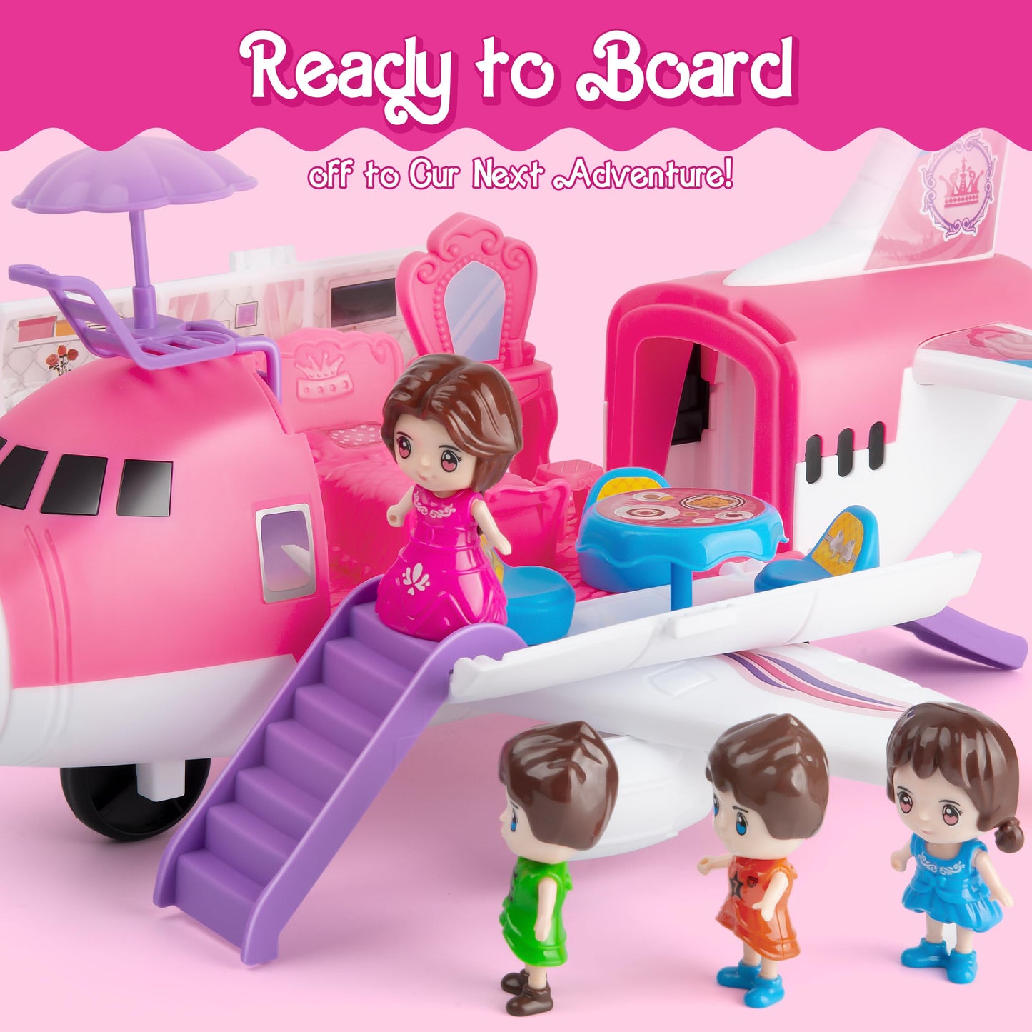 XDUOYJOY Pink Airplane Toy for Kids, Plane Toys with Dolls, Furniture and Accessories for Boys Girls Birthday, Toy Aircraft Push and Go Action, Easy to Store
