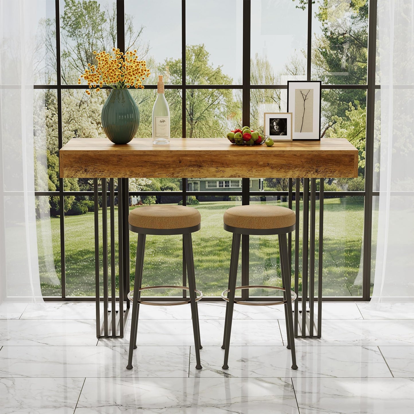 LITTLE TREE 63" Bar Table, Bar Height Table with 39.37" High Metal Frame, Industrial Counter Height Table for Coffee Shop, Bistro, Living Room (No Chair)