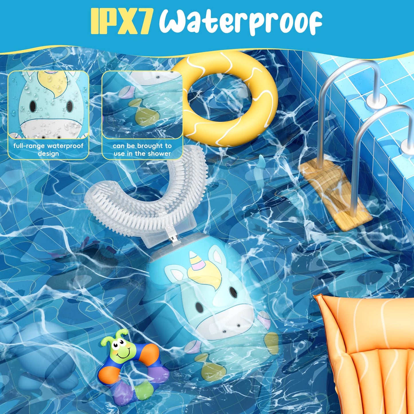 LHhuizou Kids U Shaped Electric Toothbrush 4 Brush Heads, Automatic Sonic Toothbrush Kids 2 Modes, Cartoon Design 360-Degree Cleaning IPX7 Waterproof