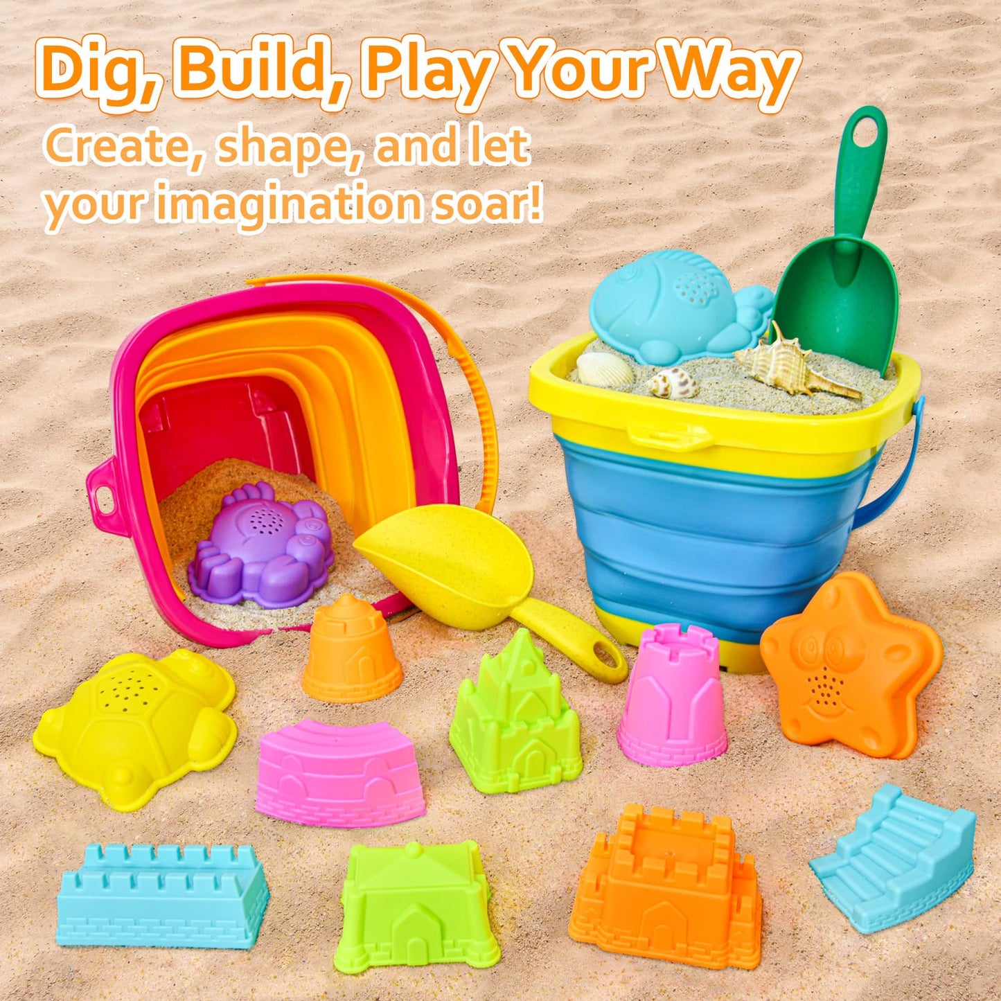 Aclarastra Collapsible Beach Sand Toys for Kids - Travel Beach Toys with 2 Collapsible Beach Buckets, Mesh Bags, Sand Castle Molds, Sand Bucket Shovel Set Sandbox Toy for Toddlers Kids