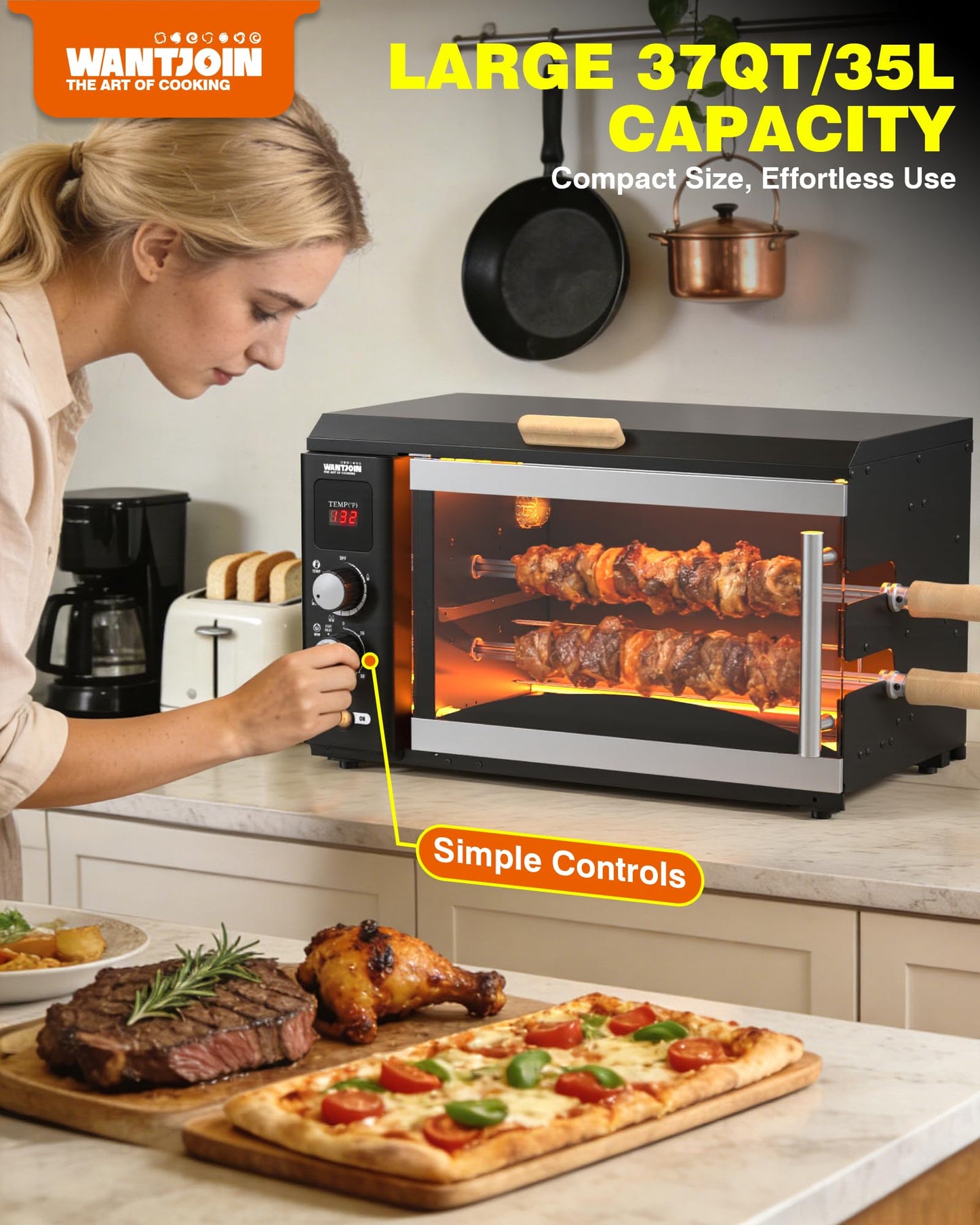 WantJoin Electric Rotisserie Oven - 35L 3-in-1 Rotisserie Grill Oven, Dual Skewers, Grilling Rack, 360°Auto-Rotate Heating, Rotisserie Cooker Machine for Home Kitchen & Party Use,1800W