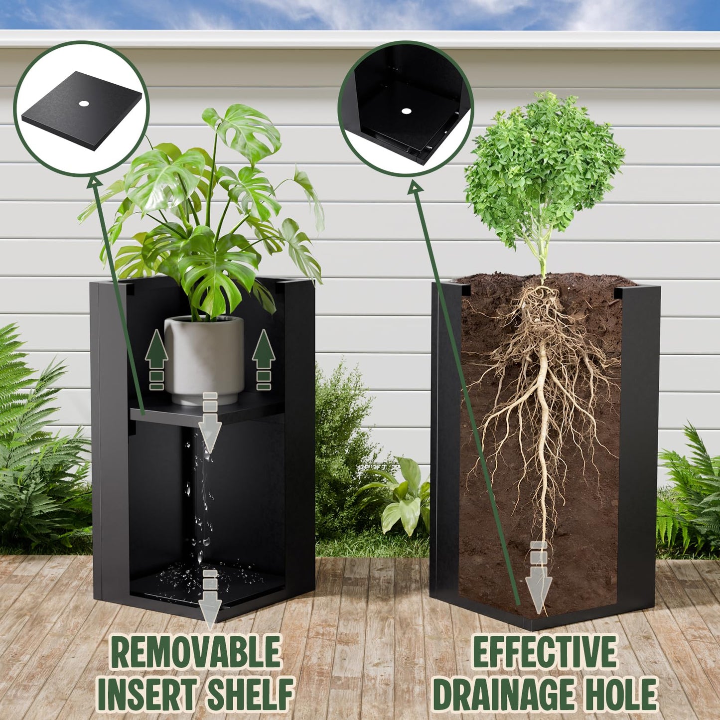 Diyfire Black Tall Metal Planters Box for Outdoor Plants 6 Pack- 23.6" H Steel Tall Square Planter with Removable Insert Shelf, Modern Heavy Duty Pedestal Planter Front Porch Decor Patio Garden