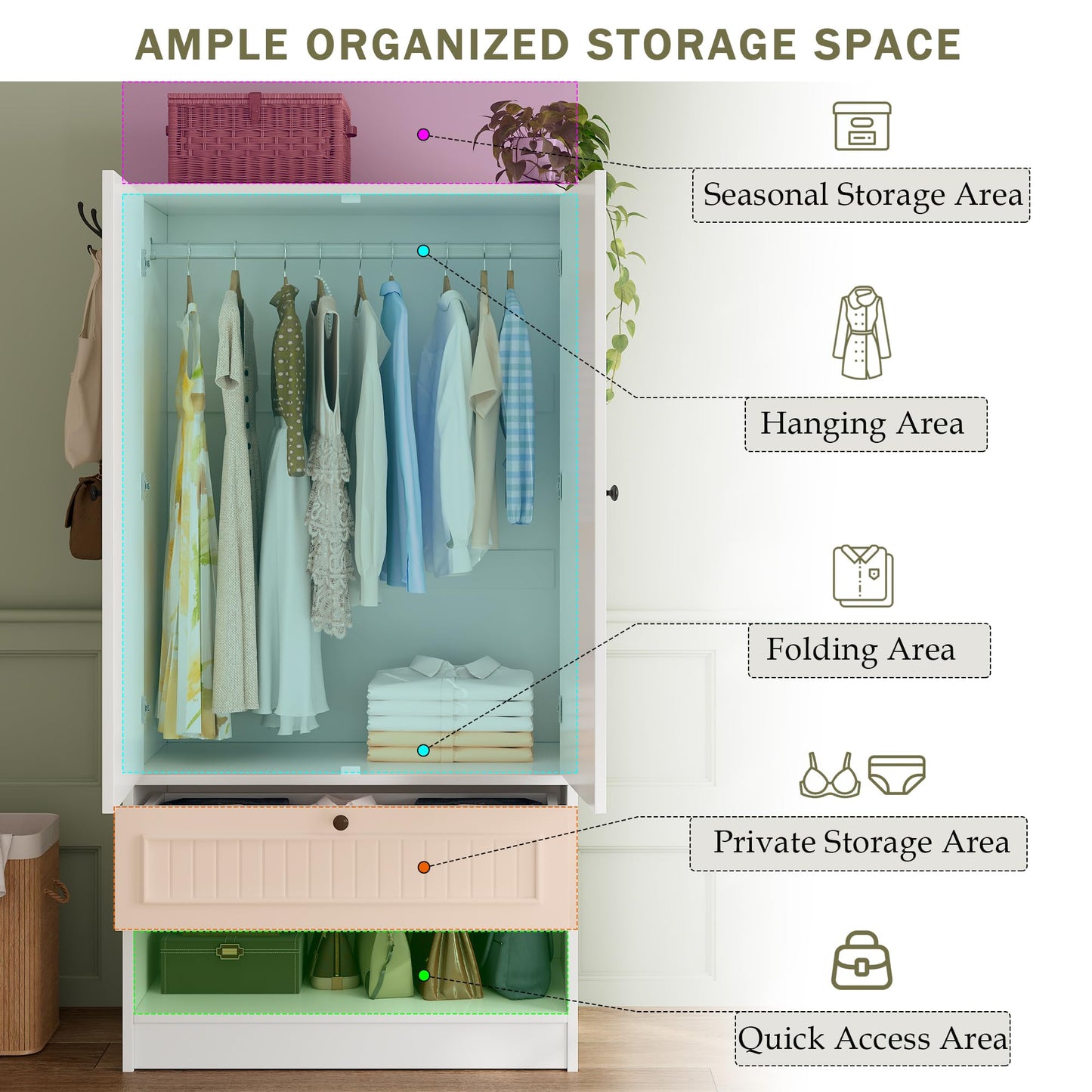 Feonase Armoire Wardrobe Cabinet with Mirror and Drawer, 70" 2-Door Wooden Closet Organizer for Bedroom Storage, White