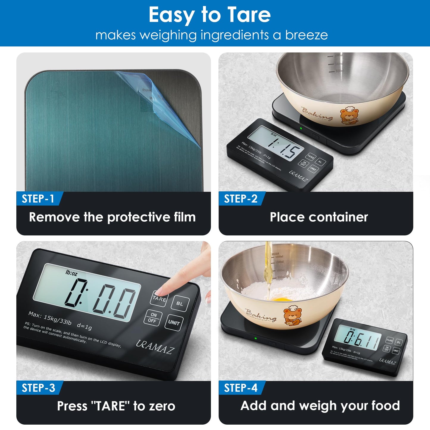 Food Scale with Detachable Display, 33lb Stainless Steel Kitchen Scales Digital Weight Grams and Ounces, Digital Food Scales for Kitchen, Baking Scale for Sourdough Bread Cooking, Weight Loss 1g/0.1oz