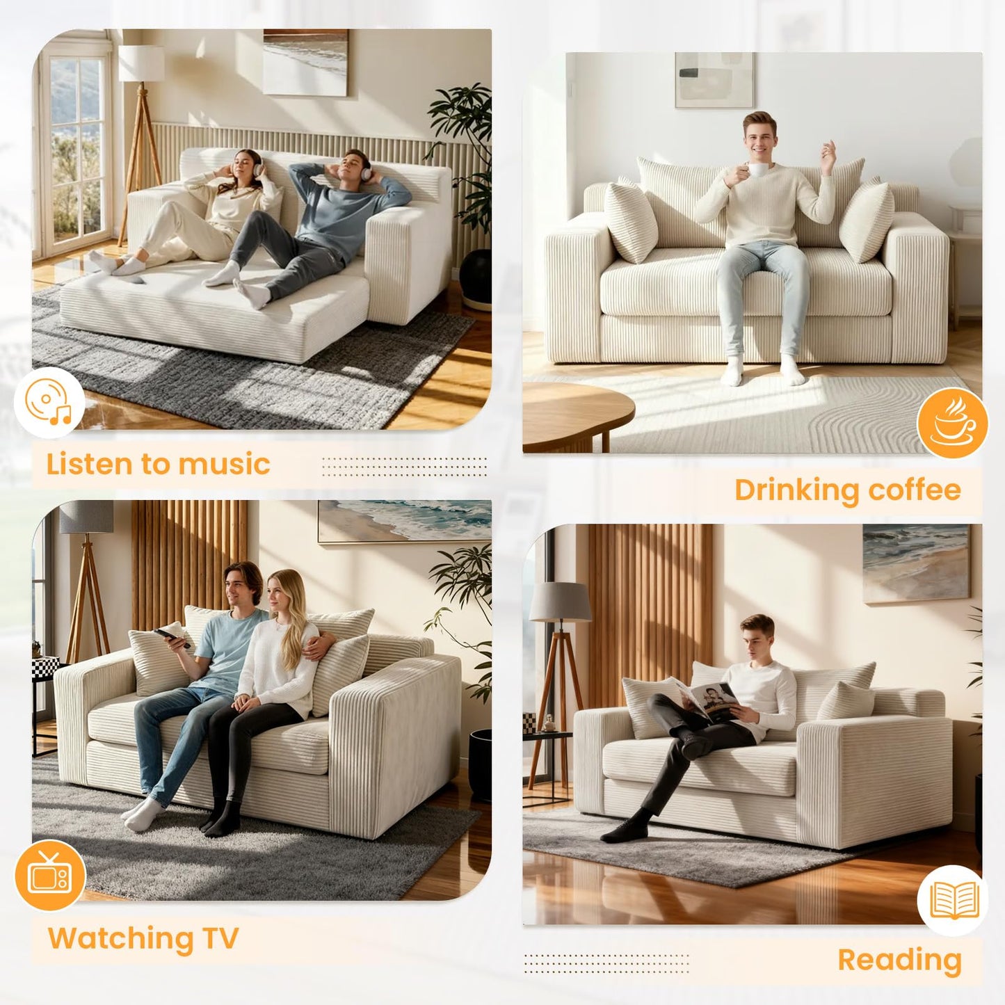 Boneless Loveseat Sleeper Sofa Bed, 3-in-1 Convertible Sofa Bed and Floor Futon with 4 Pillows, 55" Beige Boneless Couch for Living Room, Guest Room, Small Space, No Assembly Required, Corduroy
