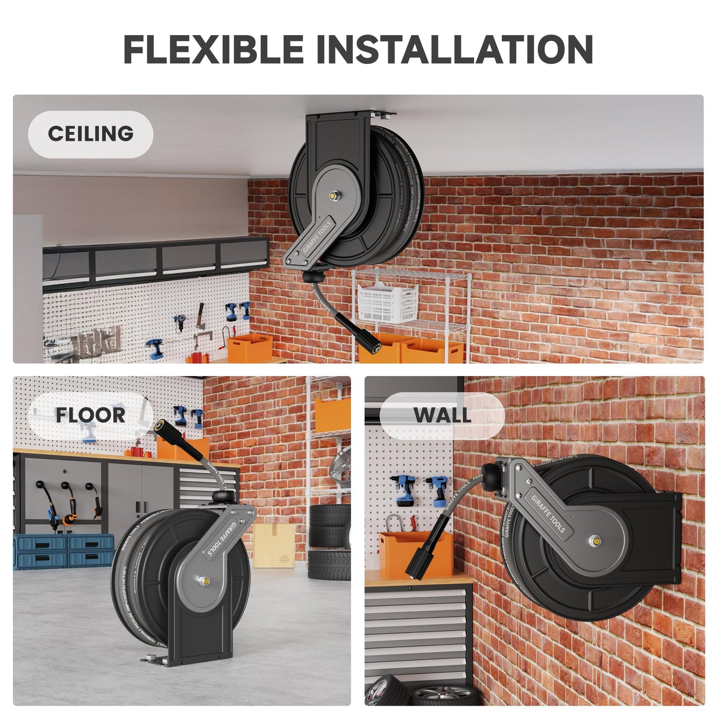 Giraffe Tools Pressure Washer Hose Reel with 1/4" × 60ft Hose, Retractable Power Washer Hose Reel, Heavy Duty Hose Reel, Auto Rewind, Wall Mounted, 4000 PSI
