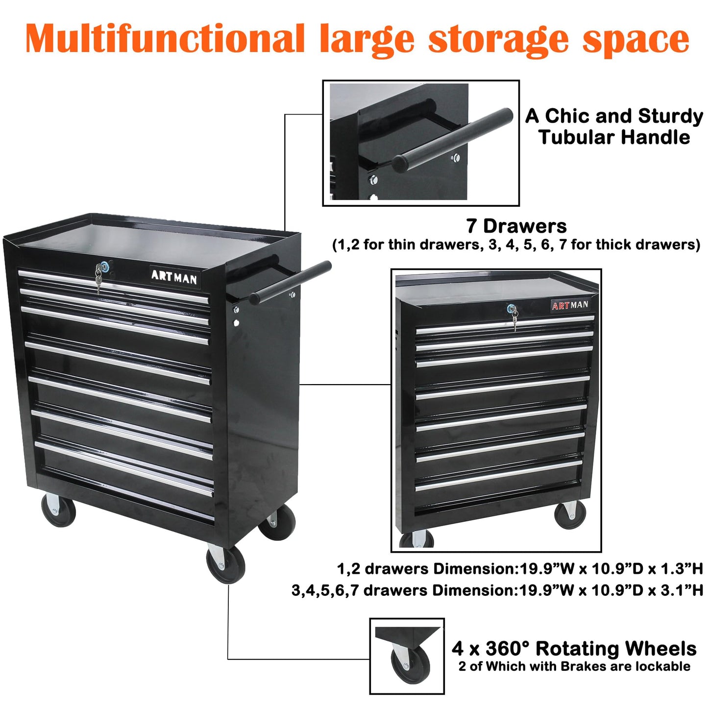 nifoti 7 Drawers Tool Cart on Wheels,Multifunctional Rolling Tool Chest Tool Storage,Drawers Rolling Tool Trolley Organizer Tool Case for Garage,Warehouse,Workshop,Repair Shop (7 Drawers-29.9"H-Black)