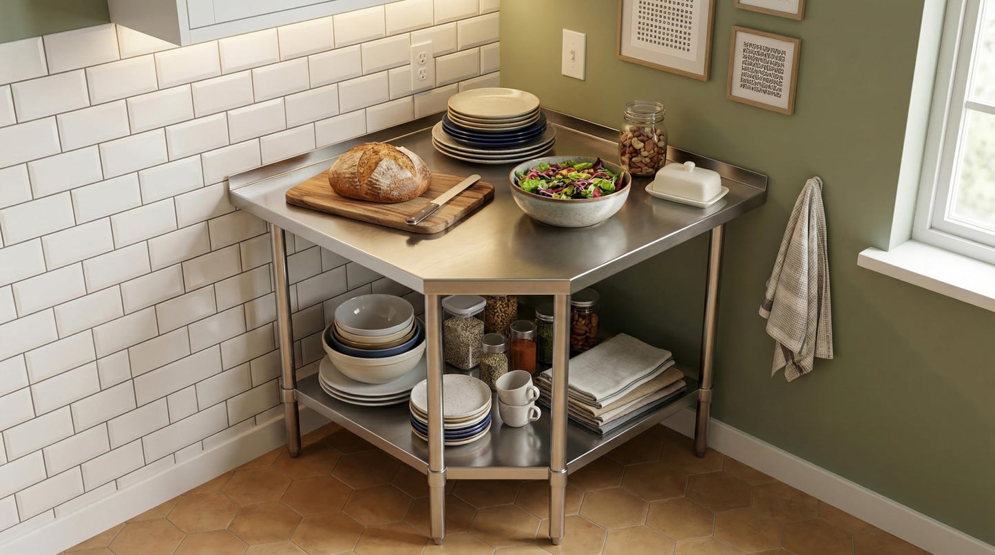 Stainless Steel Corner Work Table 30 in. x 30 in. x 35 in. with 1.5in. Backsplash, Galvanized Undershelf, 5 Leg Support, Commercial Prep Table for Restaurant Kitchen Utility