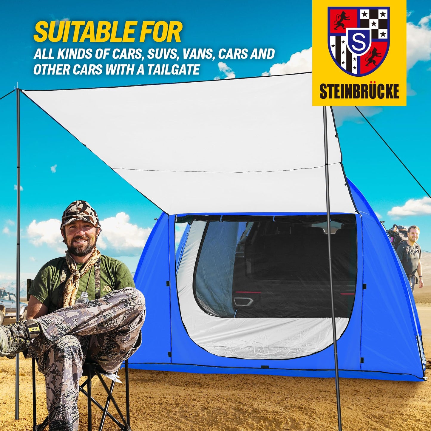Versatile SUV Camping Tent with Spacious Awning, 4000mm Waterproof Car Shelter, Sleeps Up to 4 People - Essential Camping Accessories, Easy Setup for Backpacking, Travel, Hiking, Outdoor (Blue)