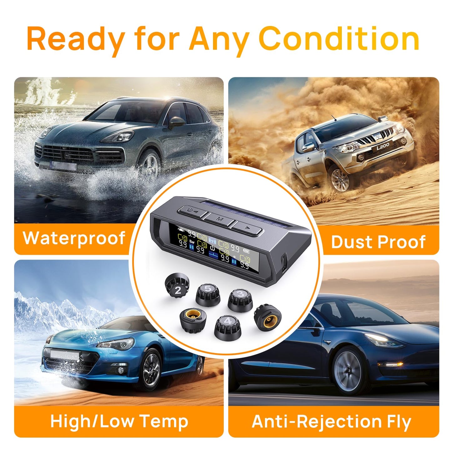 EKNBKE RV Tire Pressure Monitoring System,0-9.9 BAR,144 PSI Tire Pressure Monitor System with Solar Charge, TPMS with 6 Sensors&6 Alarm Modes (6 Sensor-Black)