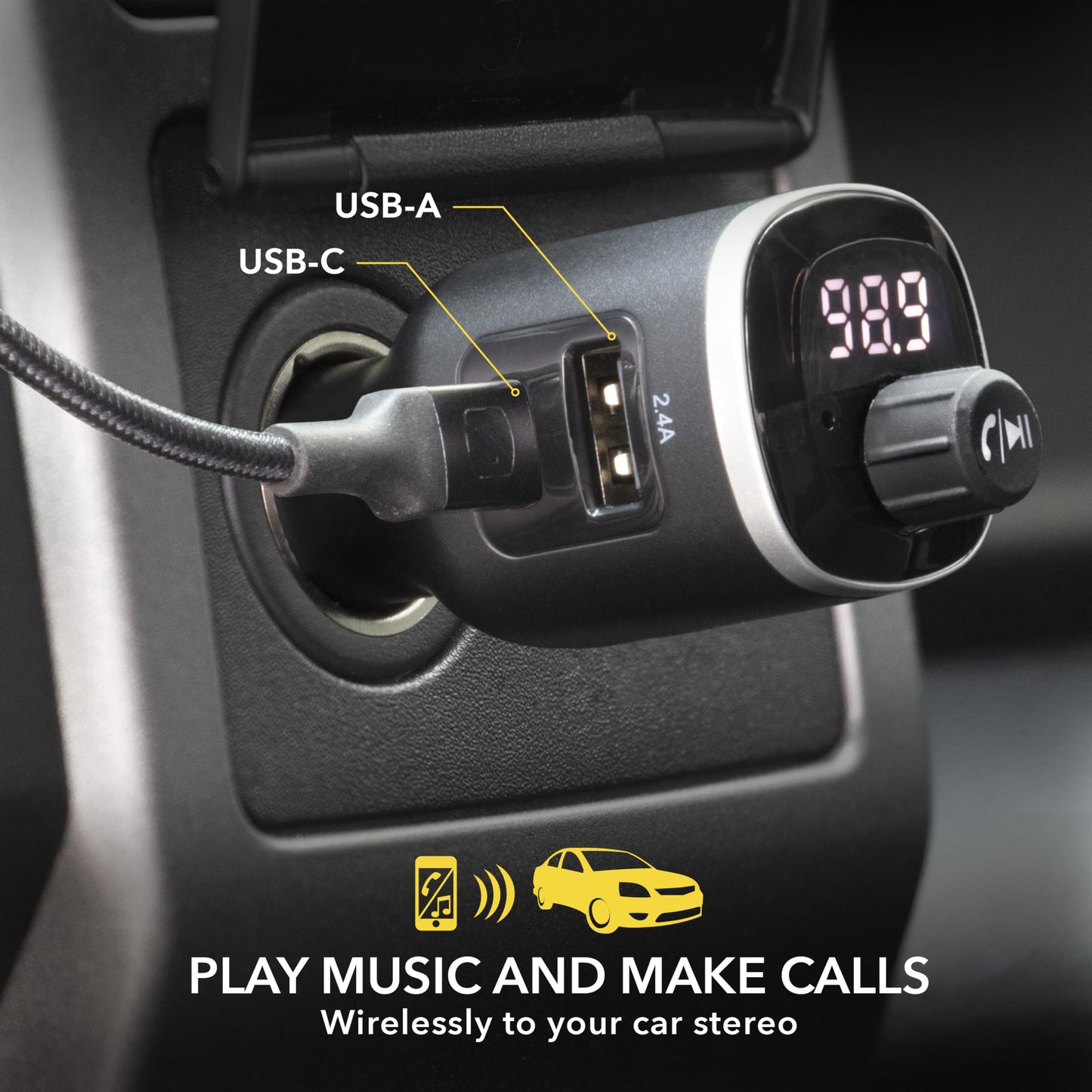 Scosche BTFM8 Bluetooth FM Transmitter Car, Dual 12W USB-C and USB-A Charging Ports, Fast Type-C Car Charger, Wireless Radio Bluetooth Adapter, Hands-Free Kit for Calls, Siri and Google Assistant
