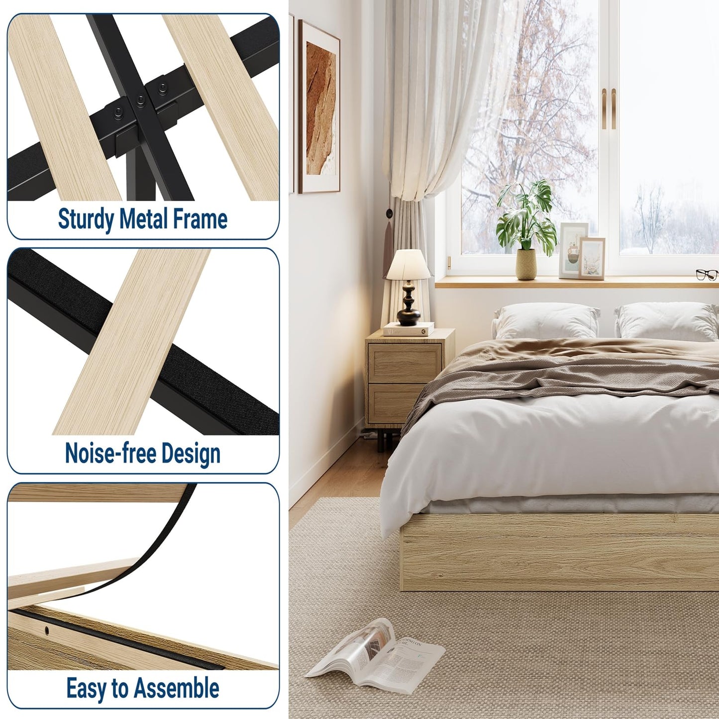 IDEALHOUSE Platform Bed Frame King Size,Wooden Slat Support,No Box Spring Needed, Easy Assembly, Natural