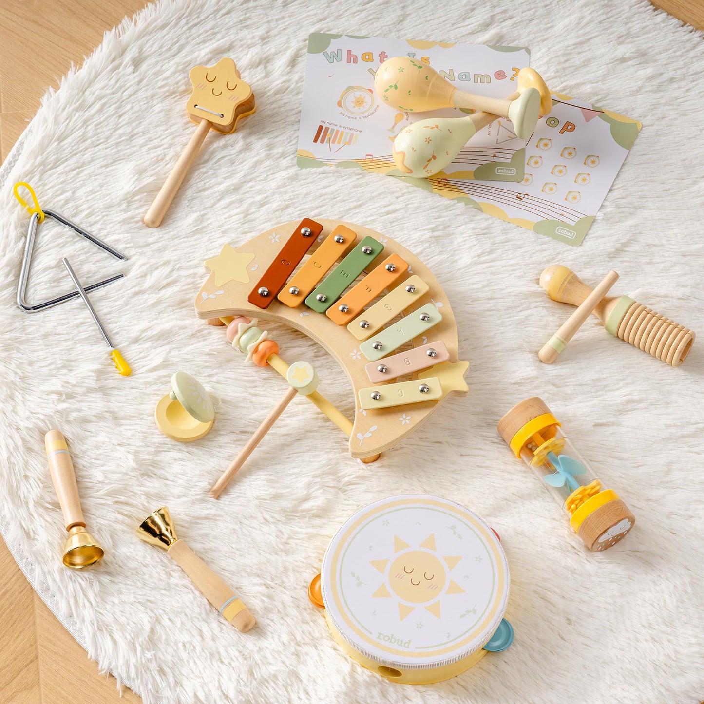 ROBUD Toddler Musical Instruments, Montessori Wooden Baby Musical Toys, Neutral Colors Musical Toys for Toddlers 1-3, Educational Percussion Set, for Boys and Girls(Star and Moon Theme)