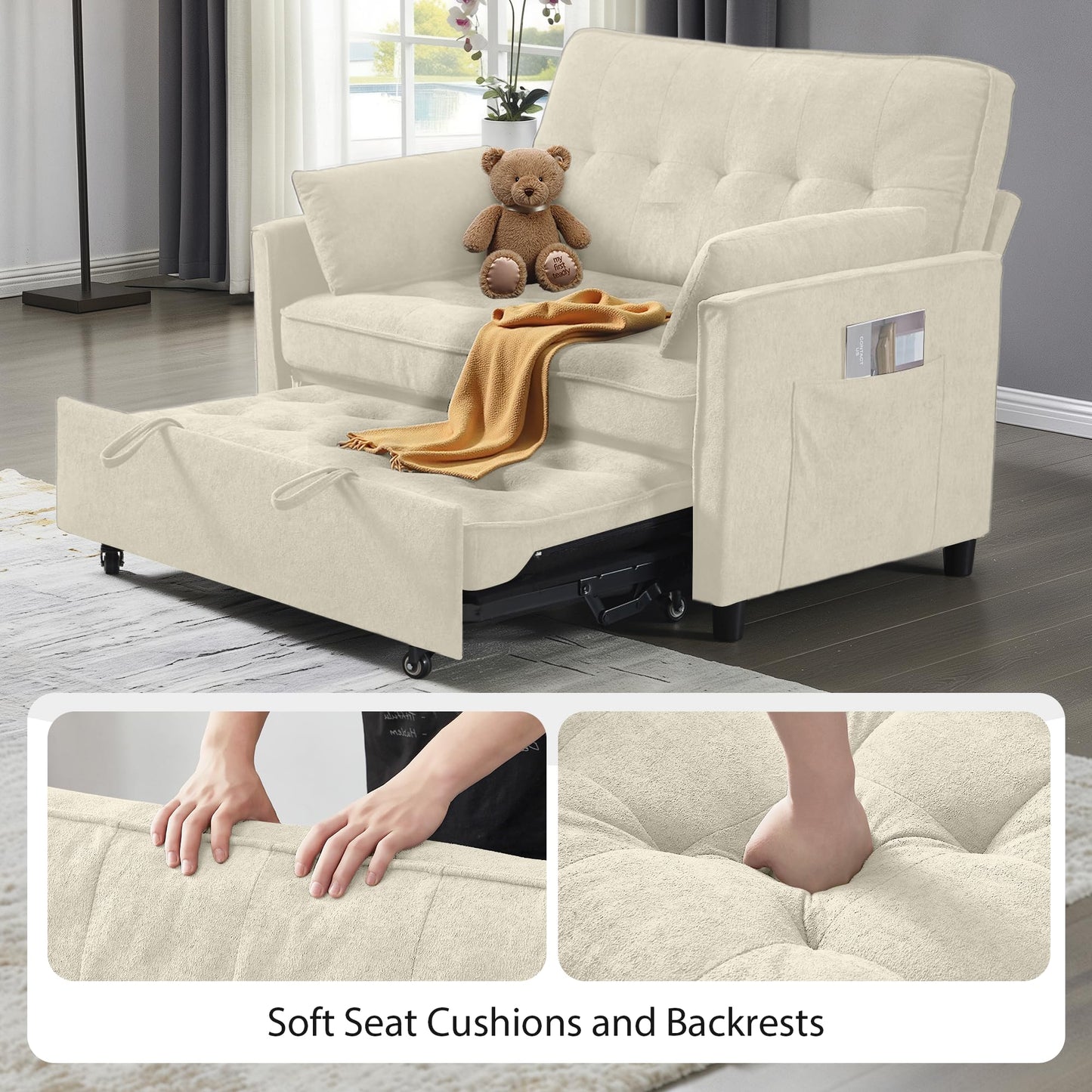 tiramisubest Convertible Sofa Bed, 3 in 1 Pull Out Couch, Loveseat Sleeper with Side Pocket, Living Room Sofa with Adjustable Backrest | USB Charging Port | Two Pillows | Fabric | Beige Couch
