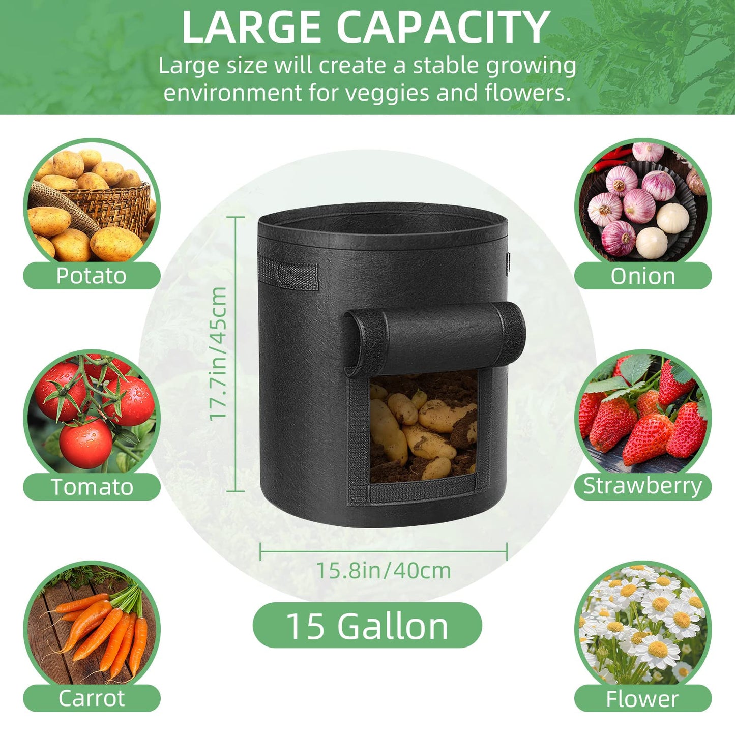 LITLANDSTAR 6 Pack 15 Gallon Potato Grow Bags, Heavy Duty Nonwoven Fabric Garden Planting Bag Plant Container with Flap and Handles, Aeration Fabric Pots for Growing Vegetable, Fruits and Flowers