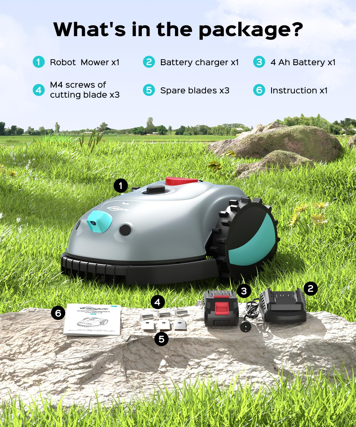 YARDCARE V100 Robotic Lawn Mower – Visual Navigation & Smart Obstacle Avoidance, Adjustable Cutting Height 0.8–2.4 in, Low-Noise Auto Mowing for Small Lawns up to 1,600 sq ft