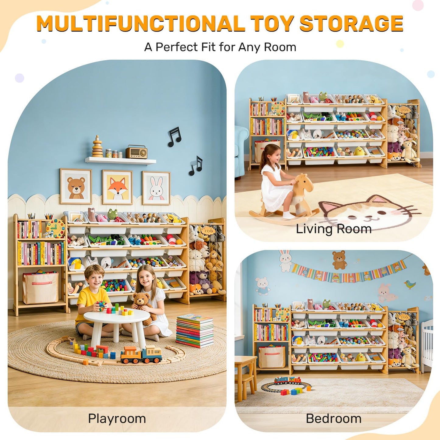 Yazzropt 81" Large Toy Storage Organizer with Bins Shelves & Stuffed Animal Storage for Kids Wood Toddler Playroom Organization with Bookshelf Toys Box Wooden Organizers for Kids Room Nursery Bedroom