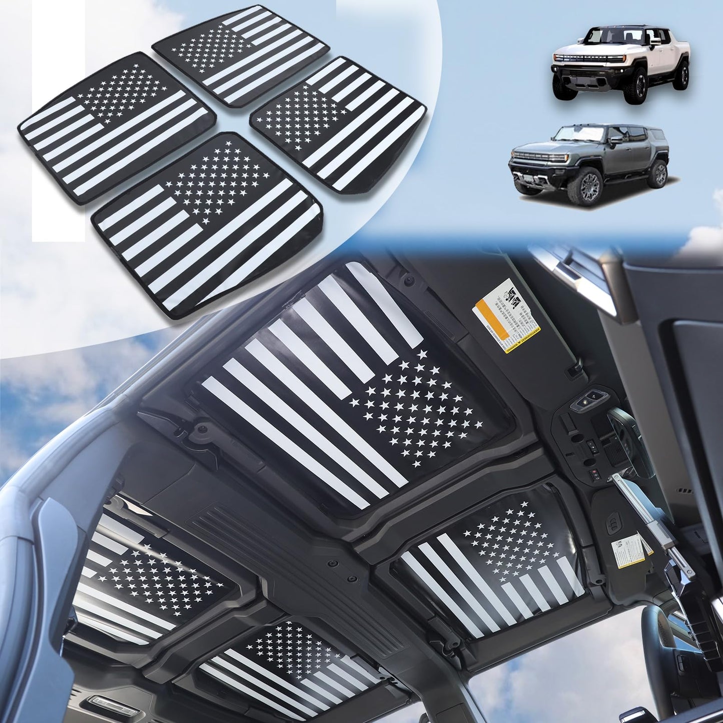 for Hummer EV Accessories 4 Top Glass Sunroof Sun Shade,No Gaps No-Sagging Roof Sun Shade Heat Insulation Foldable Reflective UV for Hummer EV SUV Pickup 2022-2024-2025 2026 (American Flag)