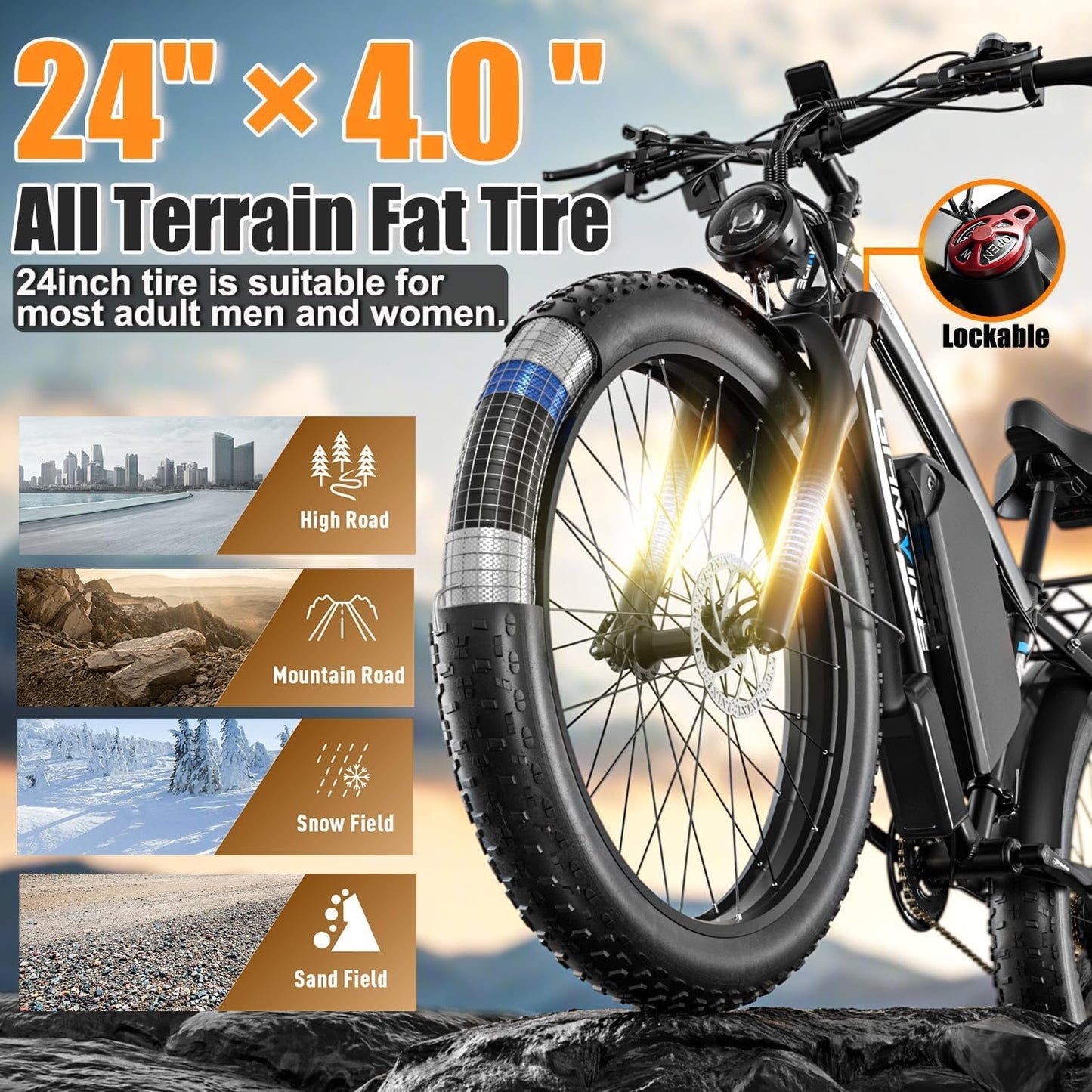 (24" V7 White) 52V 19.2Ah Battery Electric Bike for Adults, 1500W Peak 2000W EBike Up to 36 MPH and 70 Miles, Hydraulic Disc Brake, 21-Speed Off Road Snow Mountain Pedal Assist Fat Tire Fast E-Bike