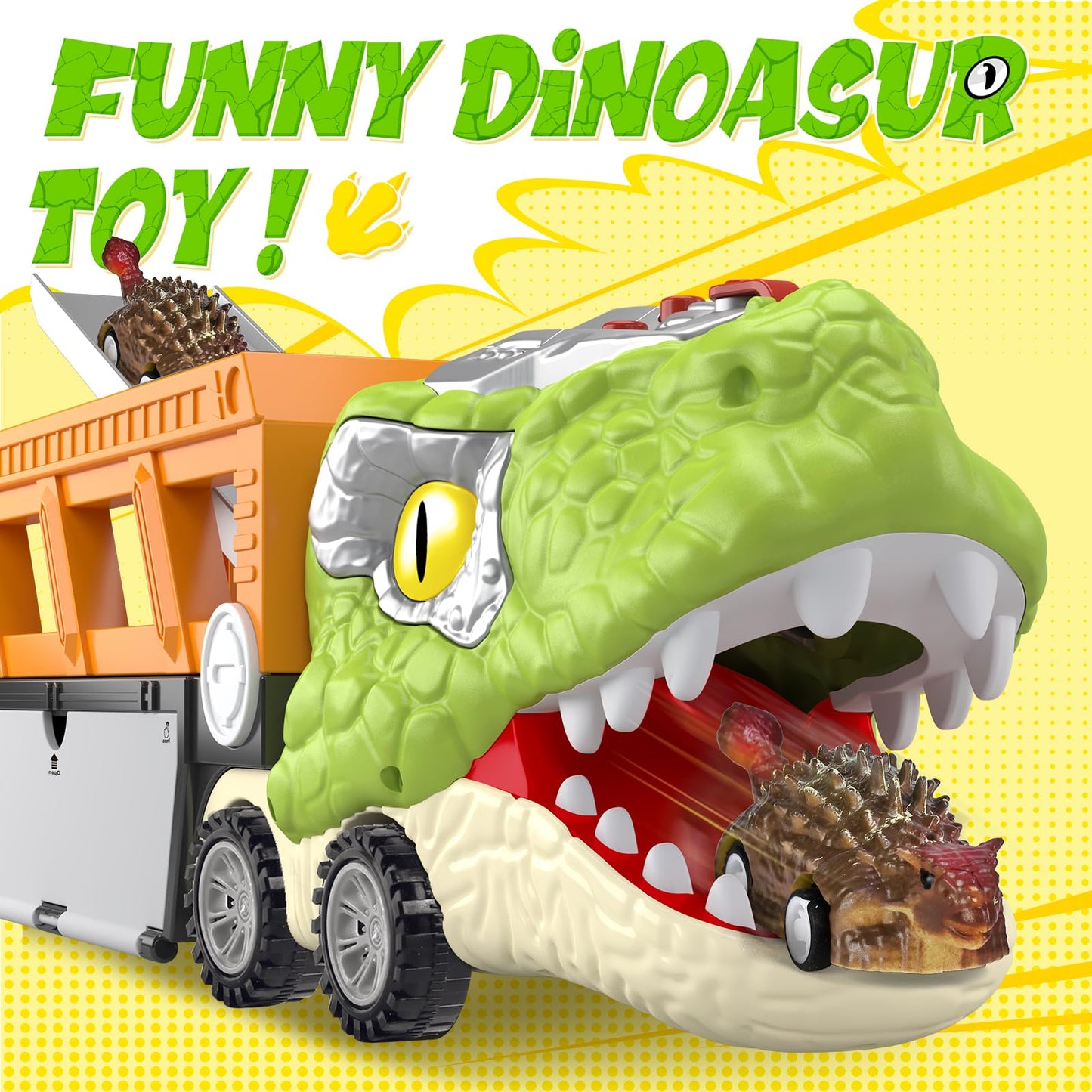 SpringFlower 11 in 1 Dinosaur Toys, Dinosaur Toys for Kids 3-5, Dinosaur Truck with 10 Pull Back Cars, Toddler Boy Toys Age 3 4 5, Boy Birthday Gifts with Sounds & Lights & Spray
