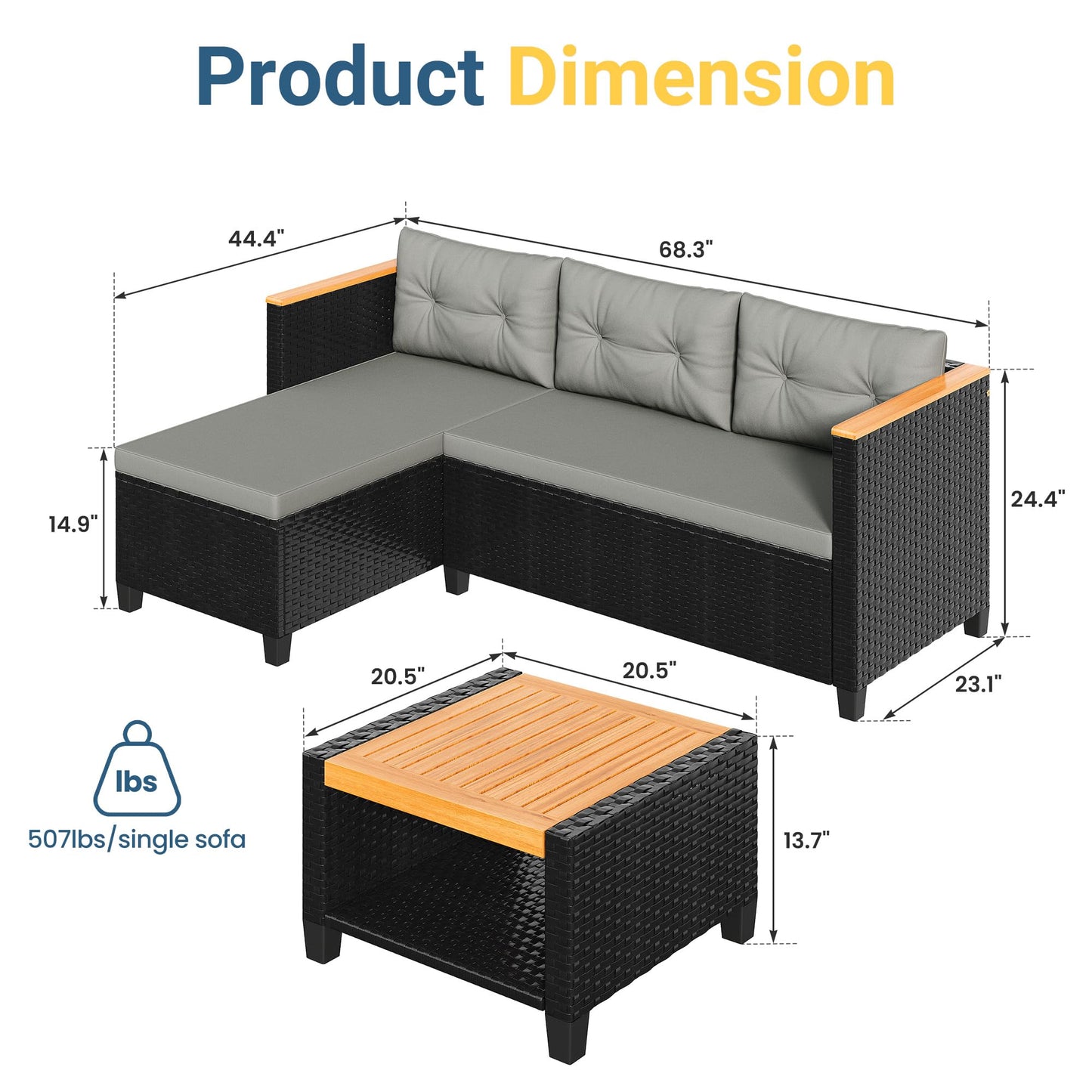 Wisteria Lane Small Patio Furniture Set, All-Weather PE Rattan Outdoor Sectional Sofa with Storage Table, L Shape Outdoor Couch with Cushions, 3 Piece Wicker Patio Furniture for Balcony, Grey