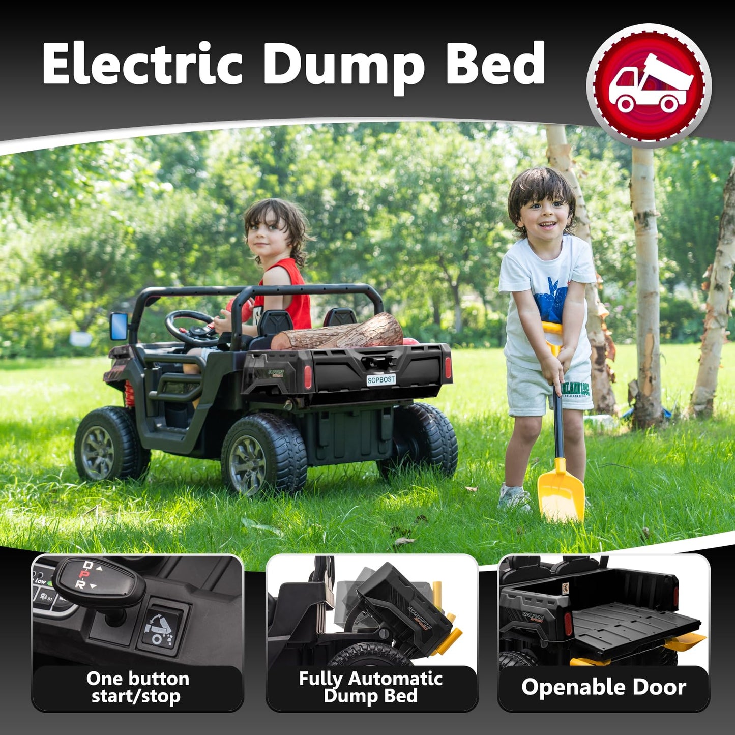 Sopbost 2 Seater 24V Ride On Toys for Big Kids with Electric Dump Bed 4WD Battery Powered Cars for Kids with Remote Control, Ride On Car with EVA Tires Wheels, Shovel, Music, Black