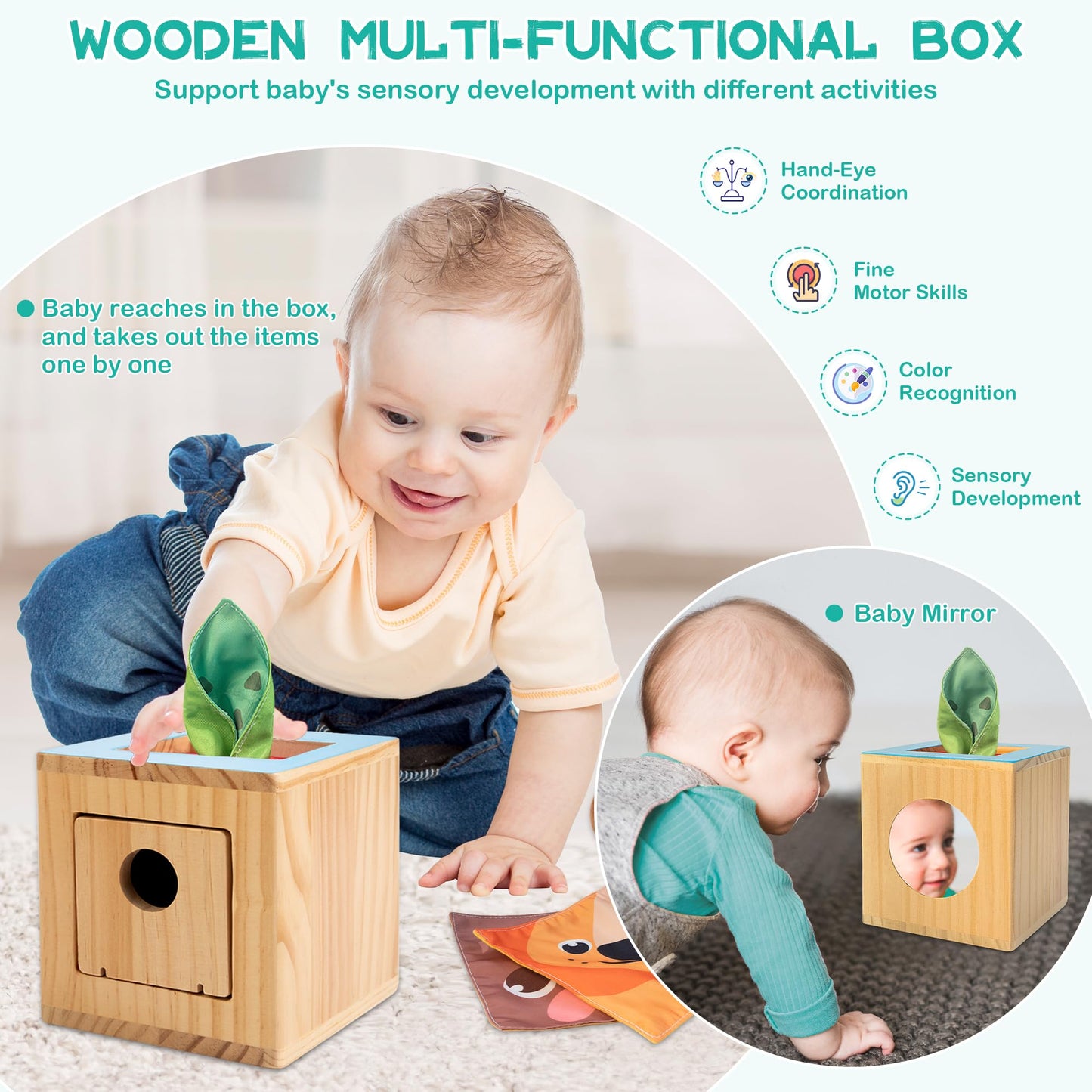WOODMAM Montessori Toys for Babies 0-6 Months, 9 in 1 Learning Educational Sensory Toys for Newborn 0-3-6 Months, Includes High Contrast Cards, Baby Tissue Box Toy, Spinning Drum, Teether and More