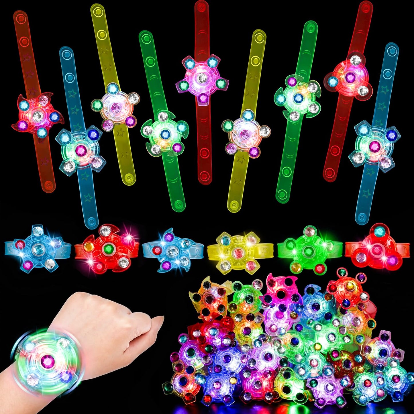 LovesTown 32PCS LED Light up Fidget Spinner Bracelets, 6 Styles Light up Party Favors Bulk Glow in the Dark Party Supplies for Kids Treasure Box Toys Classroom Prizes