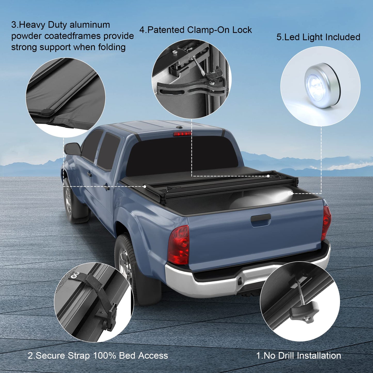 CARMOCAR Soft 3 Tri-Fold Truck Bed Tonneau Cover Replacement for 2022 2023 2024 2025 Toyota Tundra 6.5FT Pickup Truck Bed Cover Accessories with Led Light