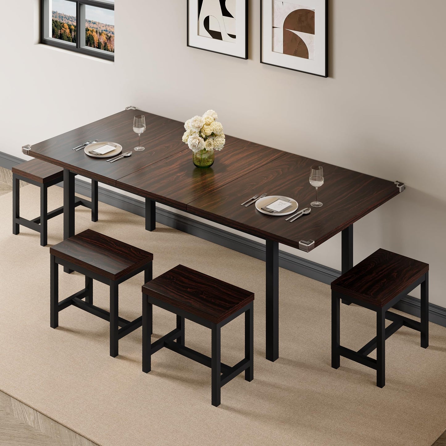 Einhomn 7-Piece Dining Table Set, 63" Extendable Kitchen Room Table with 6 Stools, Mid Century Modern Dinner Table with Metal Frame & MDF Board, Space-Saving, Easy Assembly, Espresso