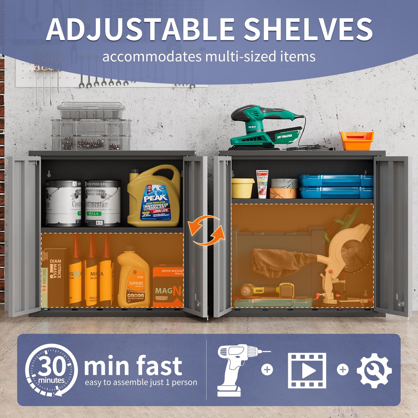 Garage Wall Cabinet, Metal Garage Cabinets with 2 Doors and Adjustable Shelf, Lockable Floating Tool Cabinet with Pegboard, Black Steel Wall Mounted Tool Cabinets for Kitchen,Office,Laundry,Warehouse