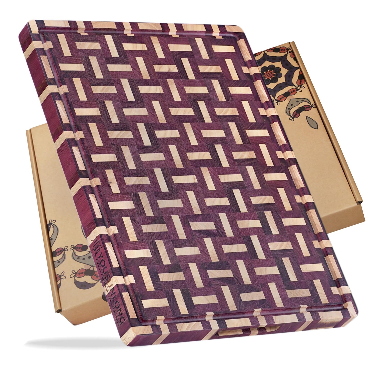 YOUSUNLONG Extra Large Cutting Board End Grain Purple Heart Wood - Thickened-Heavy Duty Butcher Block 24"L x 18"W x 1.5"Th w/Juice Groove and Handle - Serving Tray for Meat & Cheese,Brisket Board