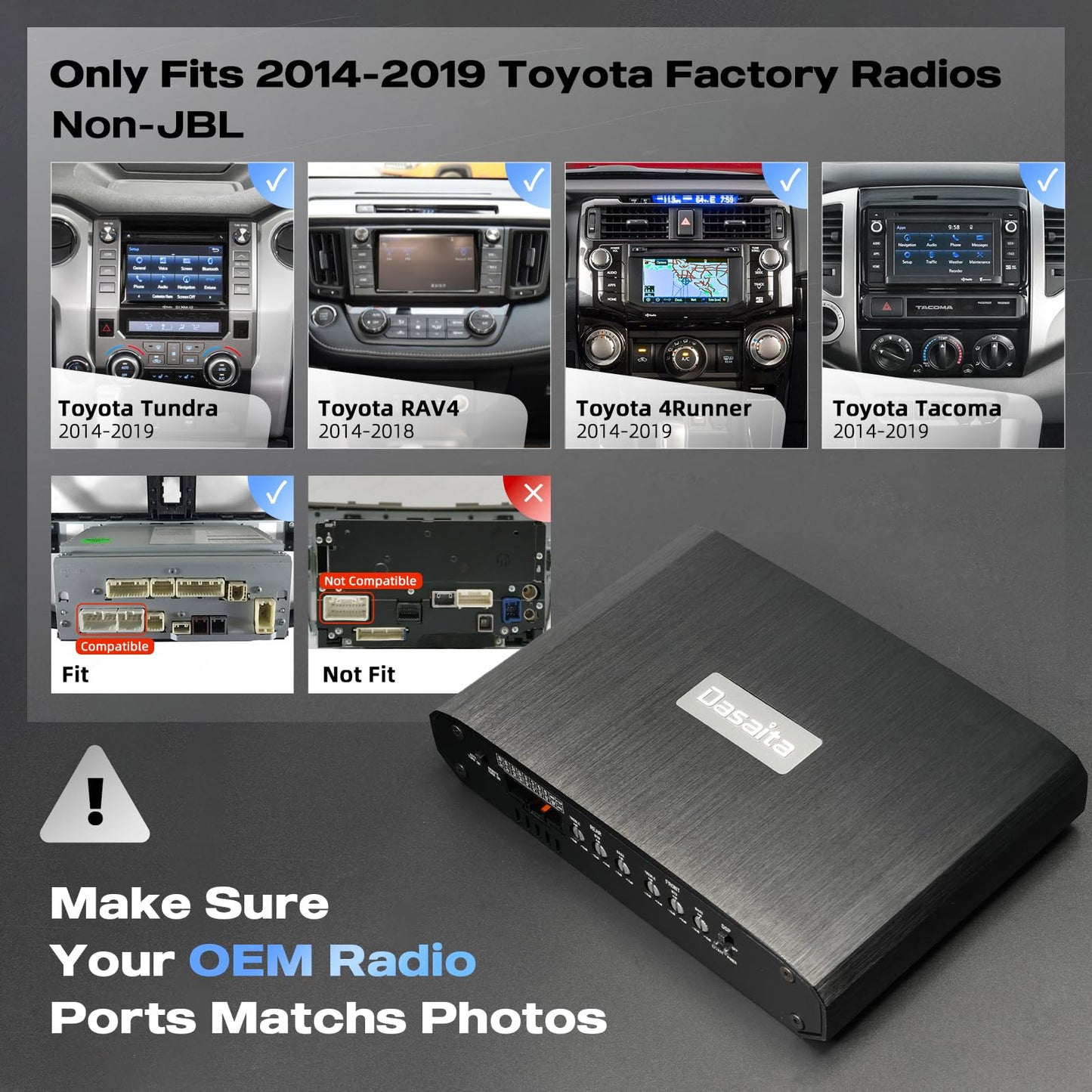 Dasaita 4-Channel DSP Car Amplifier for 2014-2019 Toyota Tundra/Tacoma/4Runner/Corolla/Sienna/RAV4(Non-JBL Models), 4x50W Max Power, 4Ω Stable, Plug & Play, 2-CH Sub Out, Treble/Mid/Bass ±15dB Tuning