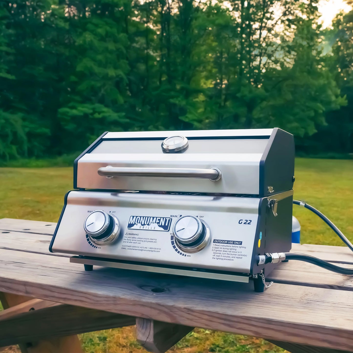 Portable Propane Gas Grill 2-Burner Tabletop Clearview® Monument Grills for Outdoor Camping Cooking, Two 15,000 BTU Burners, Stainless Steel, and Built-in Thermometer