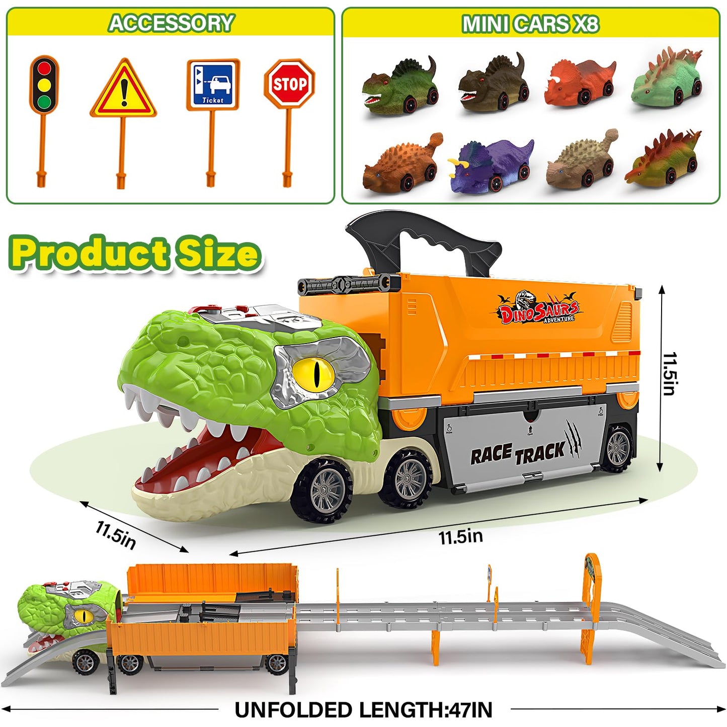 Dinosaur Carrier Truck Race Track Toys for Kids 3-5, Large Toy Cars Track Set with 8 Small Dinosaur Cars, T-Rex Transport Carrier, Christmas Birthday Gifts for 3 4 5 6 7 Year Old Toddler Boys Girls