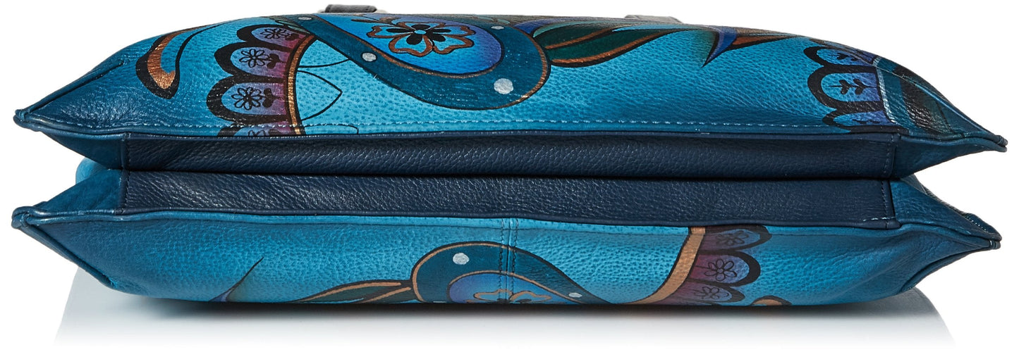Anna by Anuschka Women's Genuine Leather Large V Top Multi-Compartment Cross Body | Hand Painted Original Artwork | Denim Paisley Floral