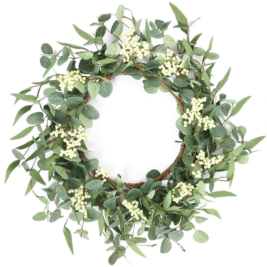 20" Eucalyptus Wreath, White Berries Artificial Greenery Olives Leaves Spring Wreaths for Front Door,Handmade Large Door Wreath for Farmhouse Porch Outdoor Home Wedding Wall Window Decor