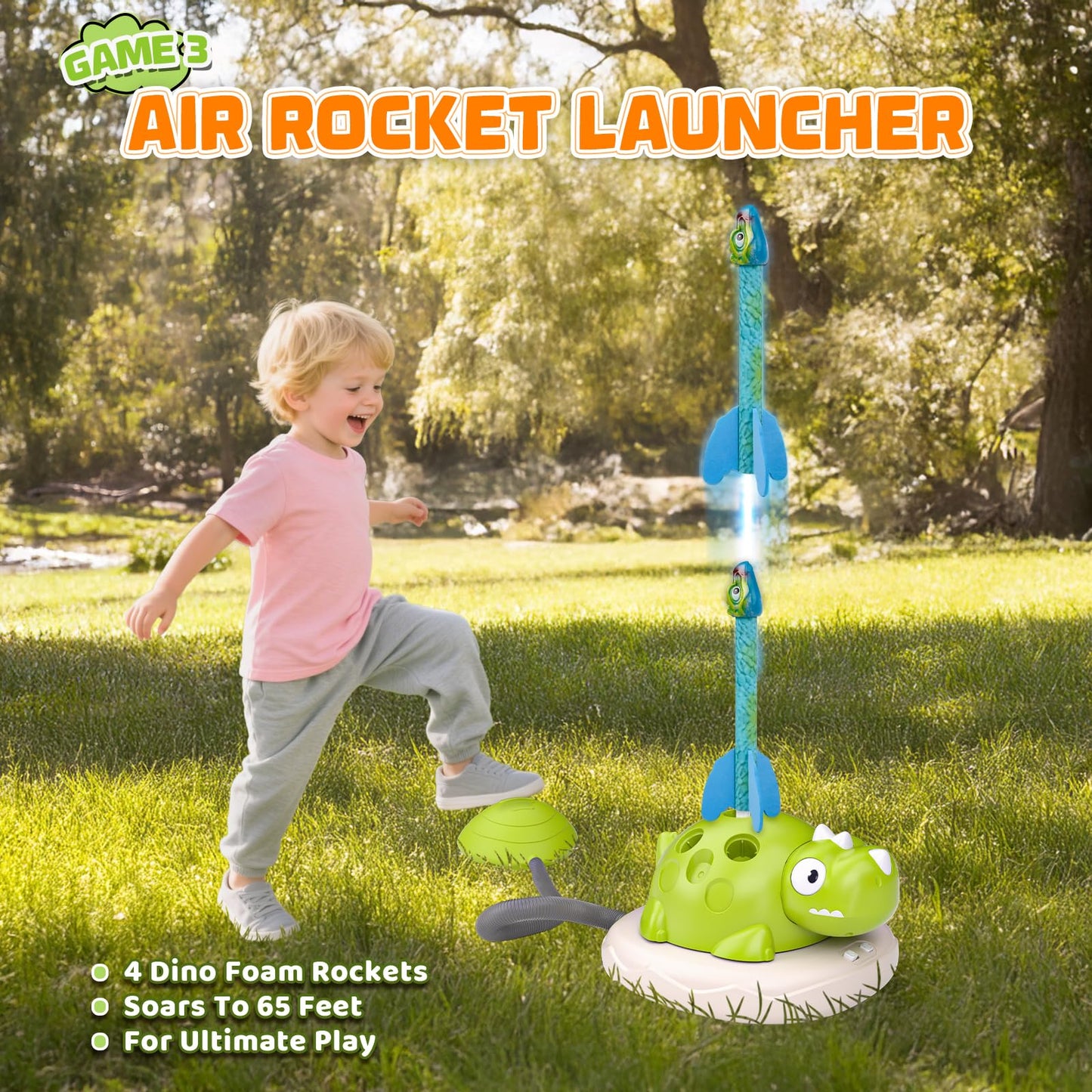 3 in 1 Dinosaur Rocket Launcher Musical Jump Toss Ring Game and Stomping Toys for Kids Outdoor with Remote Control, Indoor Outside Toy for Boys Girls 3-13 Toys for Ages 5 6 7 8 9 10 11 Birthday Gifts