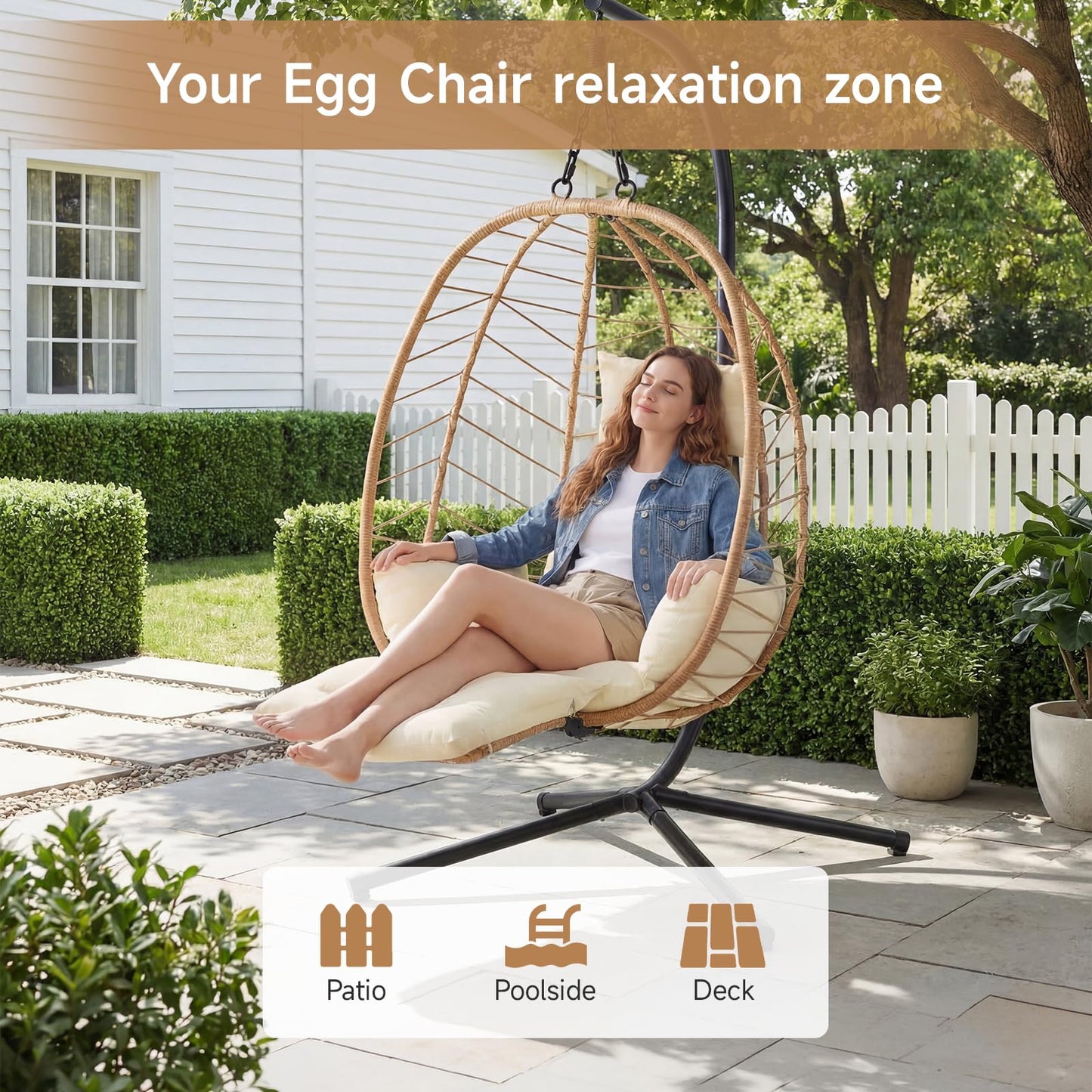 Wicker Egg Chair Outdoor, Hammock Chair with Footrest & Stand, Patio Swing with Cushion & Double Chains, Hanging Aluminum Alloy Steel Frame, 350LBS Capacity for Deck, Balcony, Beige