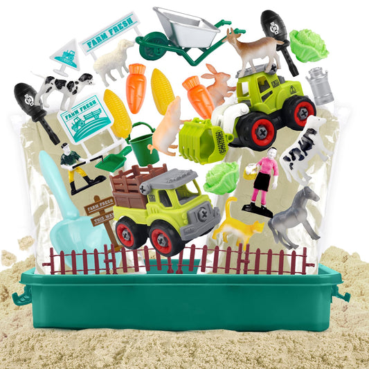 Aliex Farm Sensory Bin, Farm Sensory Kits Toy with 2.2lbs Play Sand, 31pcs Animals Trucks Creativity Magic Sand Box with Lid, Christmas Birthday Gift for Boys Kids Toddlers Ages 3 4 5 6 7 8